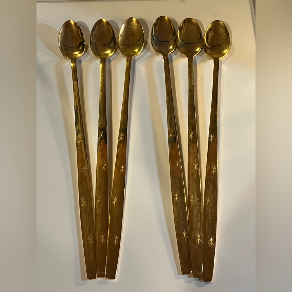 Gold Tone Atomic Starburst Heavenly Star Ice Tea Spoons Japan Milkshake Parfait